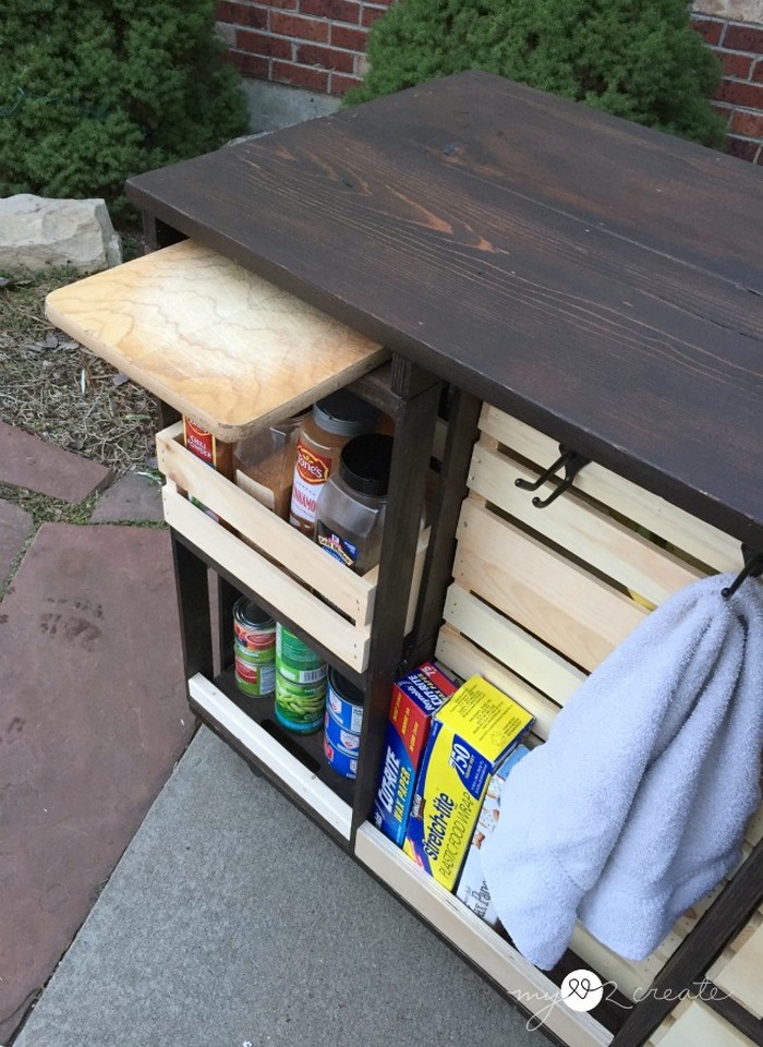 DIY mobile kitchen island with wooden crate storage