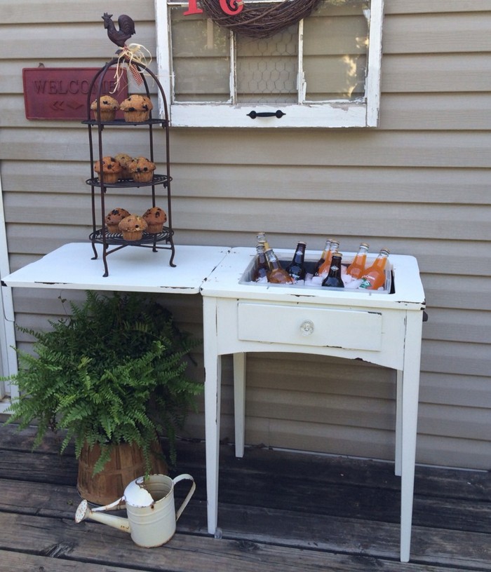 Old sewing table turned drink station