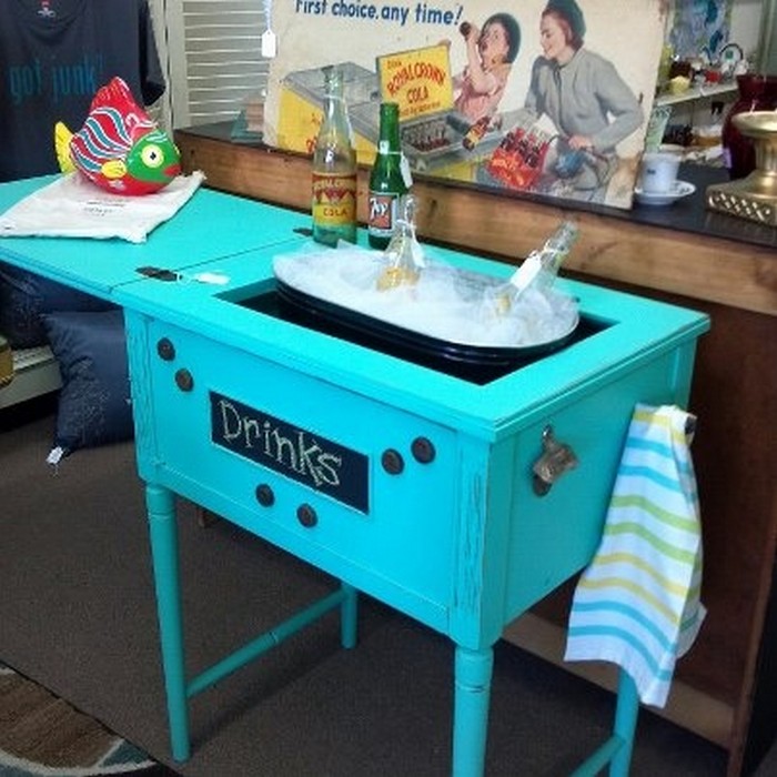 Old sewing table turned drink station