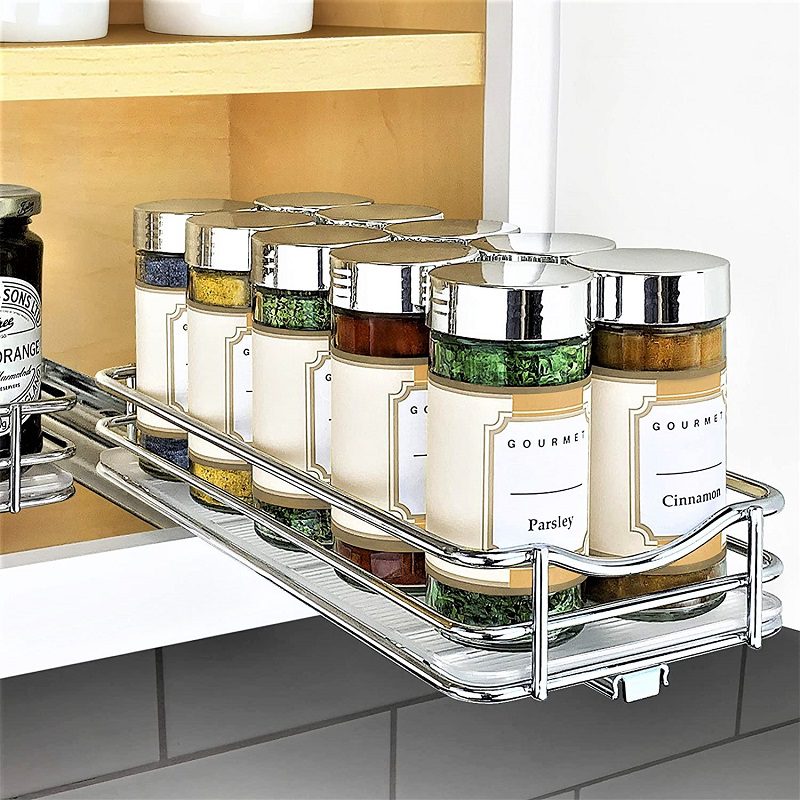 The 10-inch Lynk Professional Slide-Out Spice Rack slides out from your cabinet so you can easily reach all of your spices.