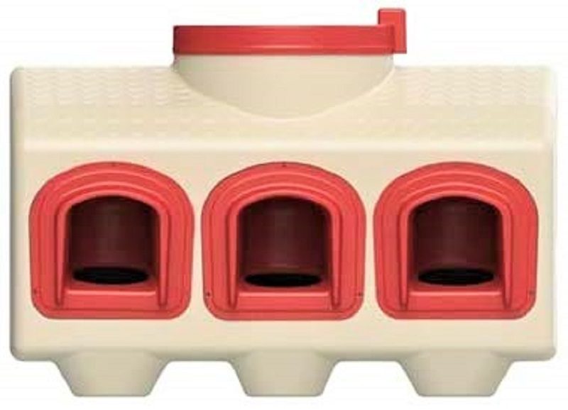 The Over EZ is a premium chicken feeder that can hold fifty pounds of feed. You can situate it indoors or outdoors