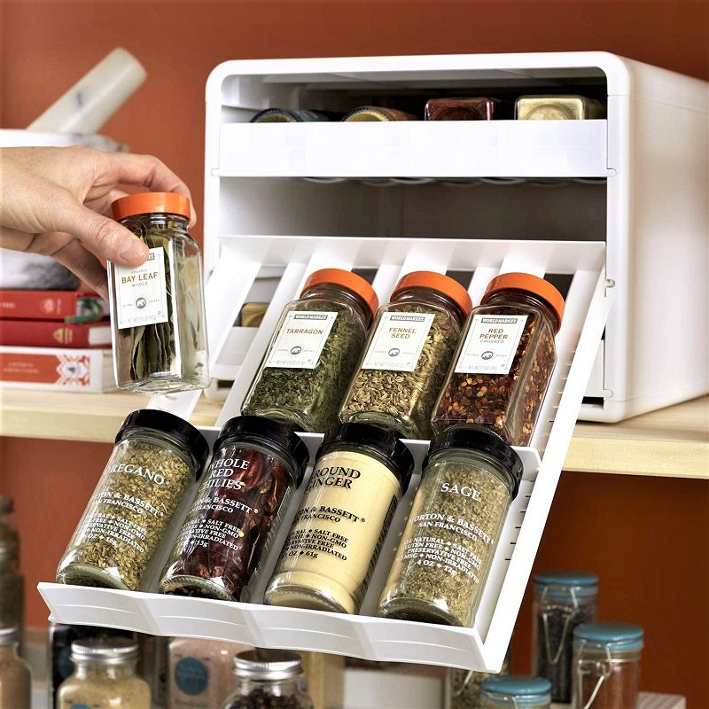 The Youcopia Spice Rack will appeal to cooks who prefer racks that are compact and unobtrusive.  The rack offers pull-out drawers for quick, simple, and easy access.