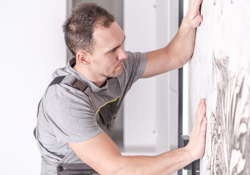 An image of a man applying a peel and stick wallpaper onto their walls.