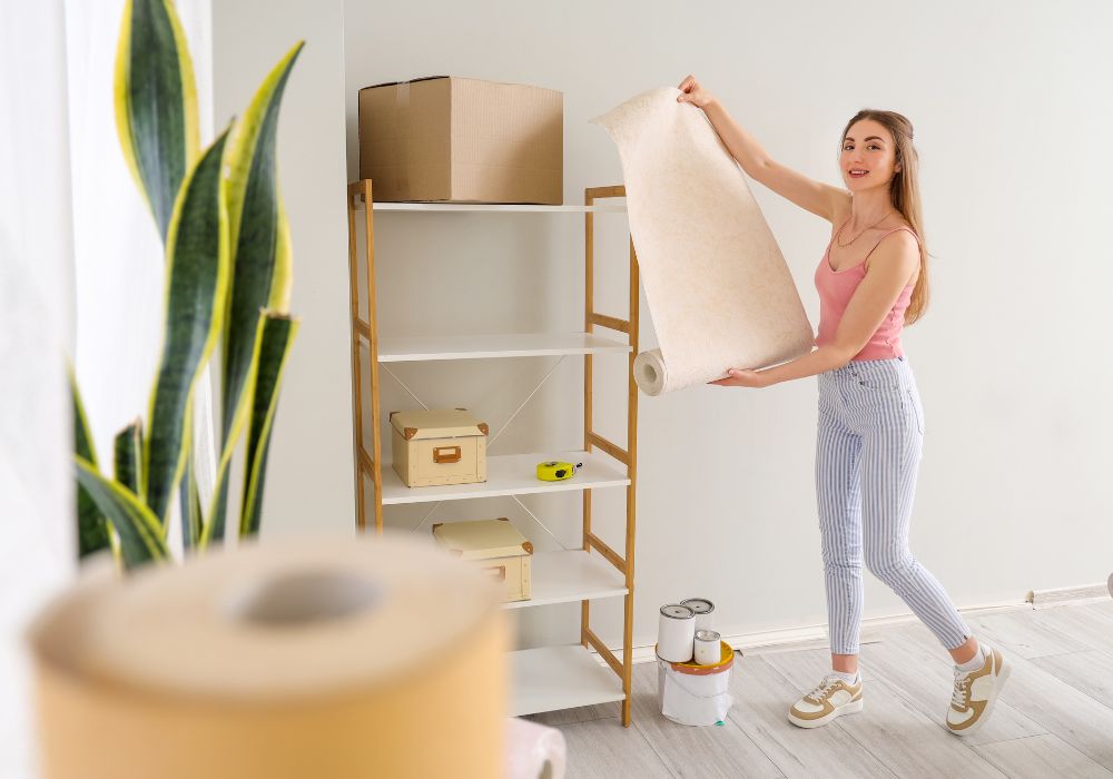 An image of a woman seeing the look of her walls with a peel and stick wallpaper.