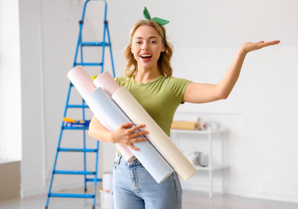 An image of a woman holding several peel and stick wallpapers for her walls.